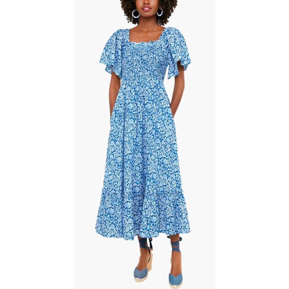 Pink City Prints Tuckernuck Indigo Blue Floral Block Lolita Smocked Midi Dress S